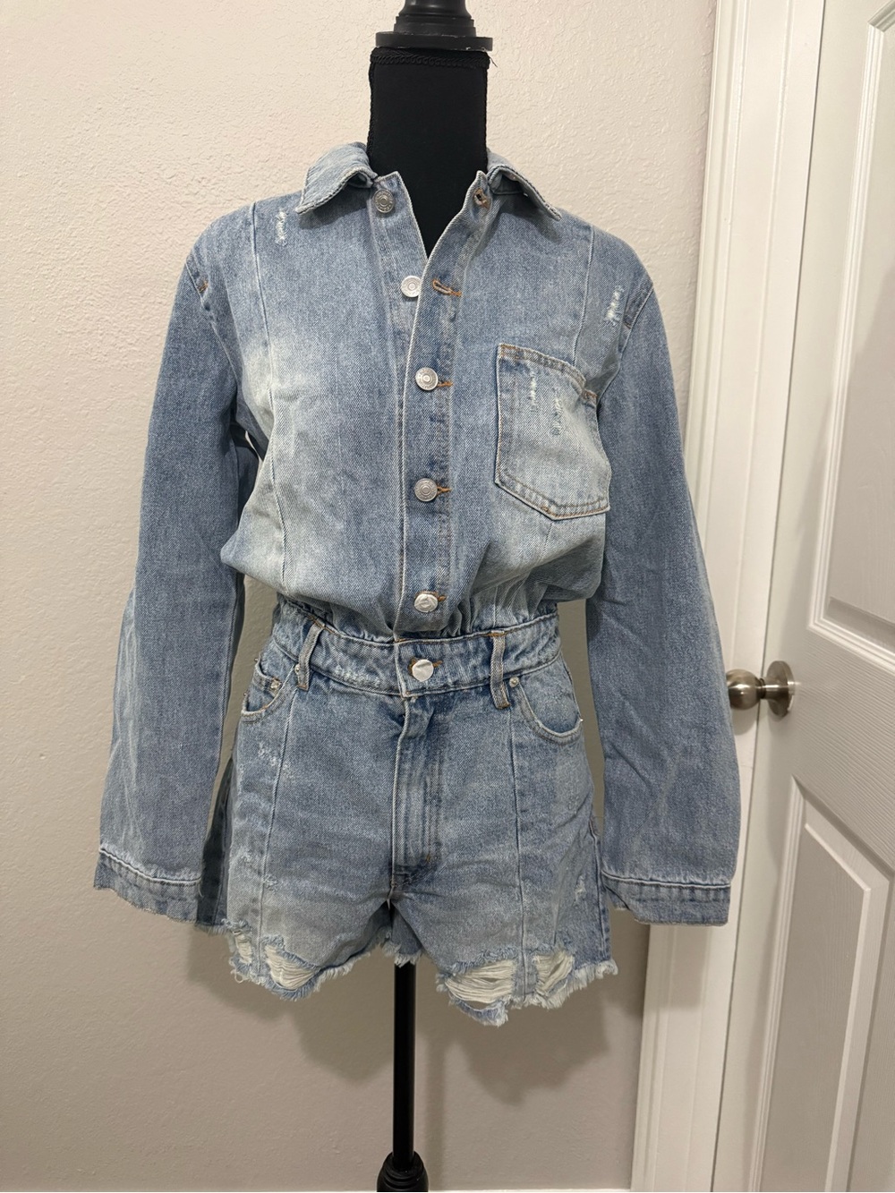 Light Wash Denim High-Waist Shorts Romper - Light Blue